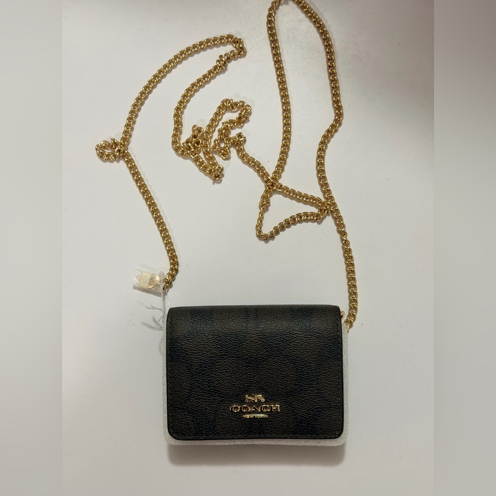 Authentic New Coach Mini Wallet Leather Crossbody with Gold Chain Strap